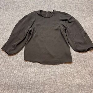 Black Satin Puff Sleeve Blouse S Crew Neck Express Elegant Dressy Top Chic